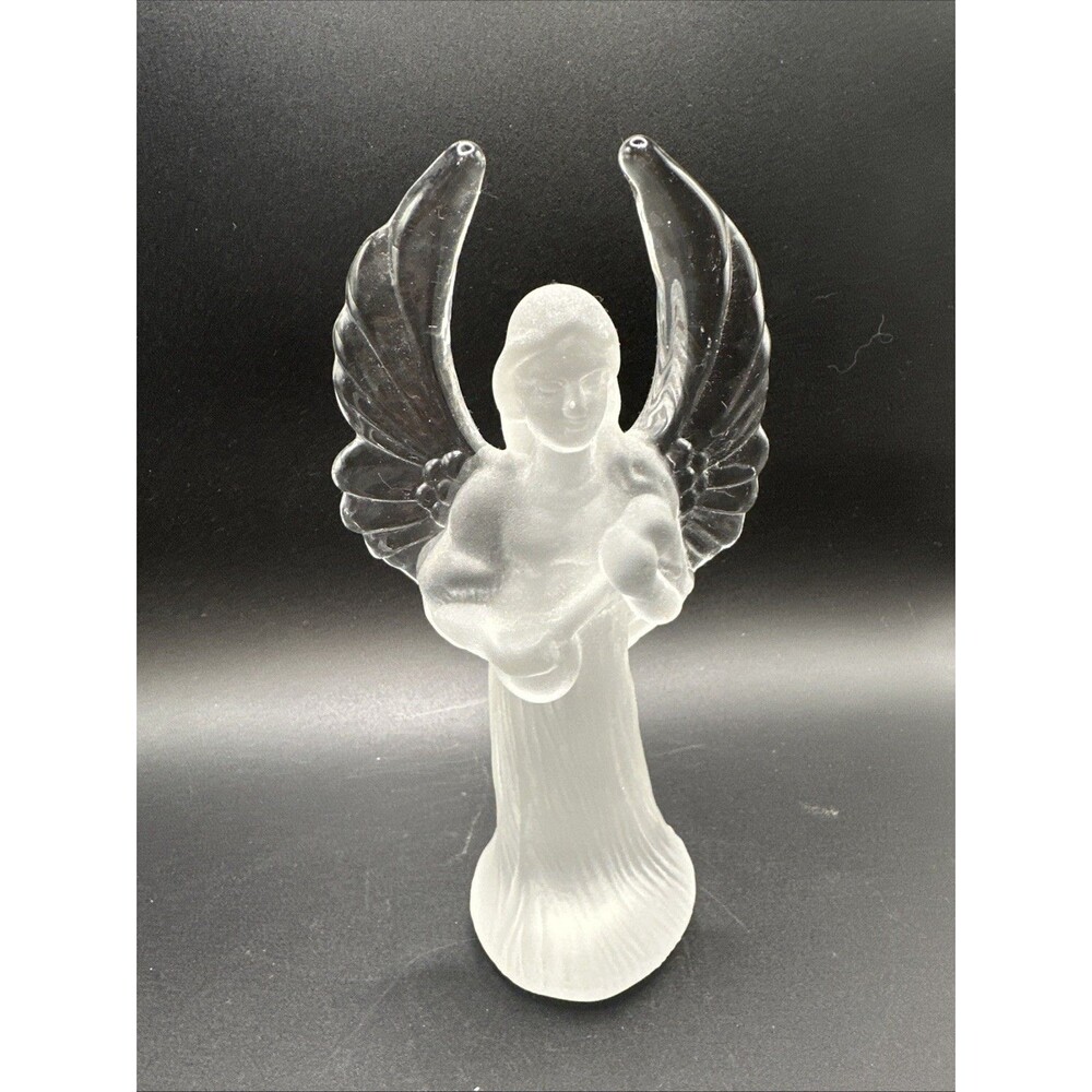 Vintage Frosted Angel W/ Clear Wings Holding A Banjo. R.O.C. Taiwan.